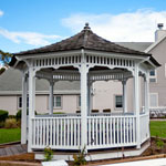 gazebo where many residents socialize in front of the Durfee building